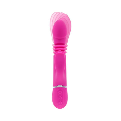 Pink rechargeable dual stimulator with a flexible, rounded head and textured handle with control buttons.