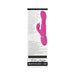 Pink dual stimulator with curved G-spot head and flexible clitoral arm, featuring textured handle and chrome accent.