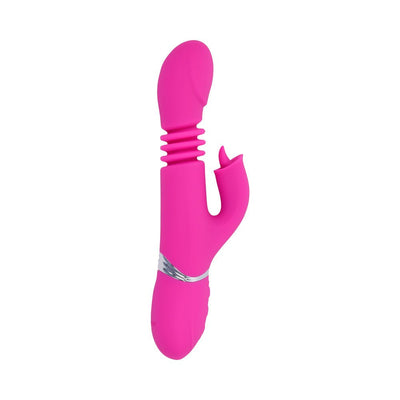 Pink silicone dual stimulator with curved G-spot head, textured shaft, and flexible clitoral stimulator with chrome accent.