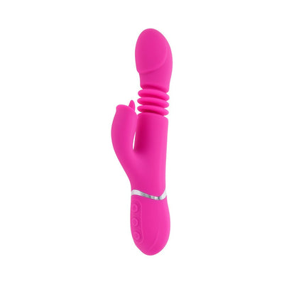 Pink silicone dual stimulator with curved thrusting shaft and textured handle with control buttons.