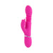 Pink silicone dual stimulator with curved thrusting shaft and textured handle with control buttons.