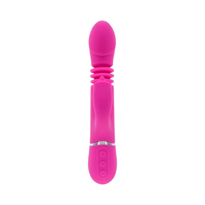Pink silicone rechargeable dual stimulator with thrusting head, textured handle, and control buttons on base.
