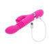 Pink silicone dual stimulator with curved G-spot head, textured handle, and USB magnetic charging cable on white background.