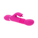 Pink silicone dual stimulator with curved G-spot head, textured shaft, and flexible clitoral stimulator with control buttons.