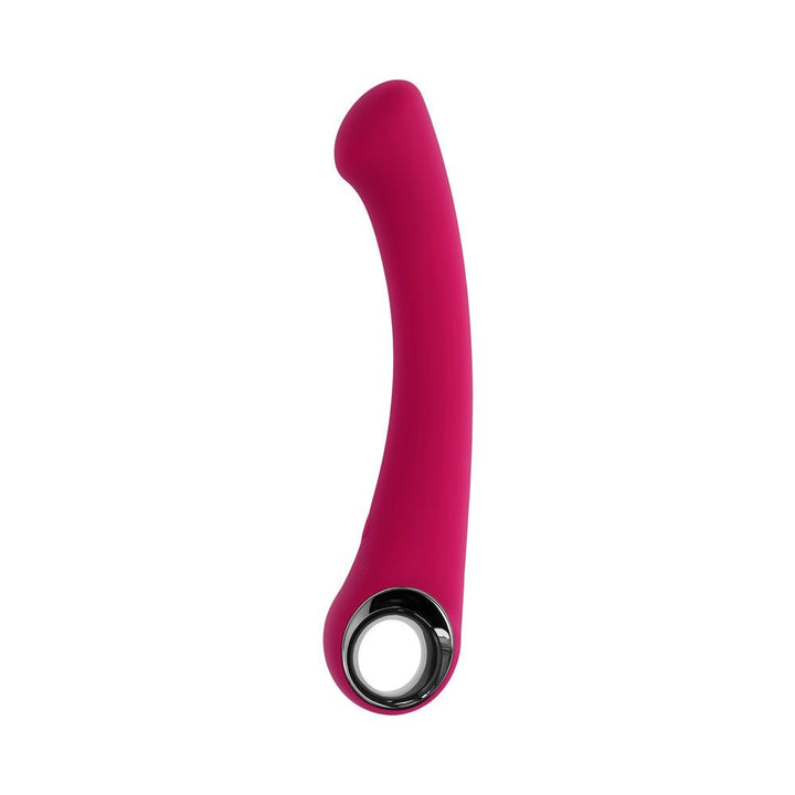 Burgundy curved silicone vibrator with chrome ring handle designed for G-spot stimulation, USB rechargeable and waterproof.