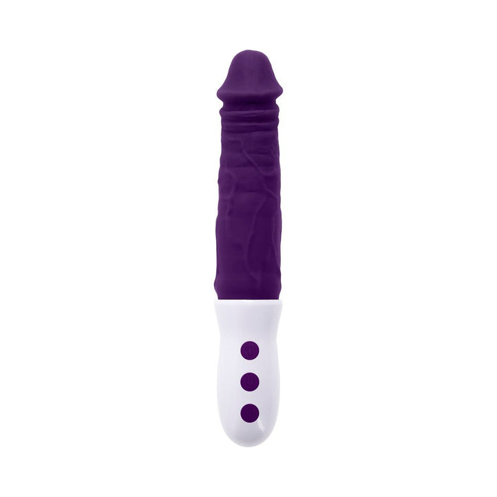 Rechargeable plum-colored silicone thrusting vibe with textured shaft and white handle featuring three control buttons.