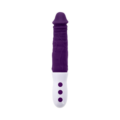 Rechargeable plum-colored silicone thrusting vibe with textured shaft and white handle featuring three control buttons.
