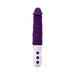 Rechargeable plum-colored silicone thrusting vibe with textured shaft and white handle featuring three control buttons.