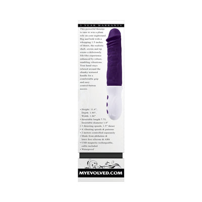 Purple silicone rechargeable thrusting vibrator with textured handle and control buttons on white packaging.