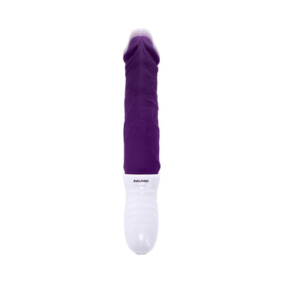 Evolved Plum Thrust rechargeable silicone vibe in purple with textured white handle and realistic shaft details.