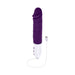Rechargeable plum-colored silicone thrusting vibe with textured white handle and USB charging cable.