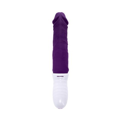 Black and purple rechargeable silicone thrusting vibe with textured handle and realistic shaft design.