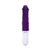 Black and purple rechargeable silicone thrusting vibe with textured handle and realistic shaft design.