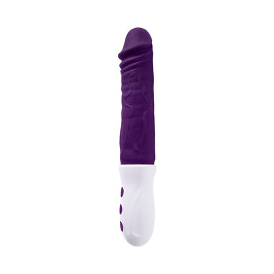 Rechargeable plum-colored thrusting vibrator with textured silicone shaft and white ergonomic handle with control buttons.