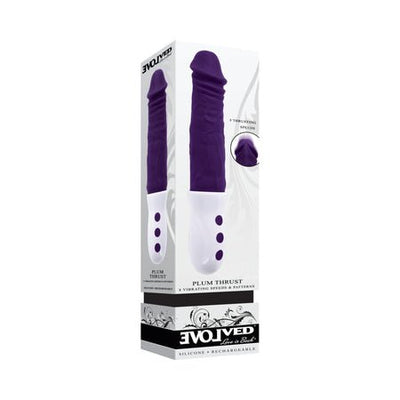 Evolved Plum Thrust rechargeable black silicone thrusting vibe with textured handle and control buttons in packaging.
