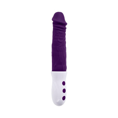 Black and purple rechargeable thrusting vibe with textured silicone shaft and white handle with control buttons.