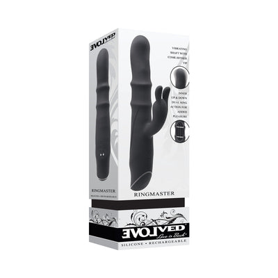 Black silicone rechargeable Ringmaster rabbit vibrator with dual rings and come-hither tip shown on product packaging.