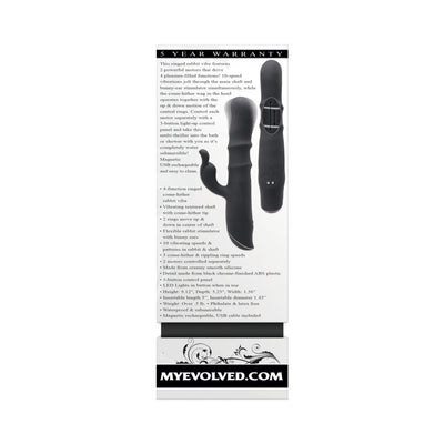 Black Evolved Ringmaster rabbit vibrator with textured shaft, flexible bunny ears, dual motors, and 3-button control panel shown on product packaging.
