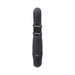 Black silicone vibrator with textured shaft and dual rings, shown from front with size measurement overlay.