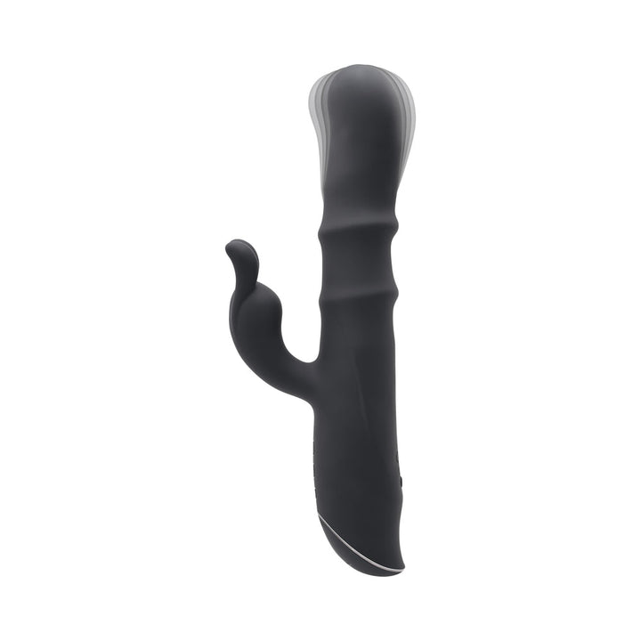 Black silicone rabbit vibrator with textured shaft, flexible clitoral stimulator, and ergonomic handle with control buttons.