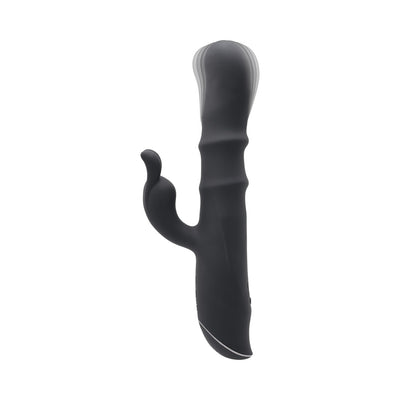Black silicone rabbit vibrator with textured shaft, flexible clitoral stimulator, and ergonomic handle with control buttons.