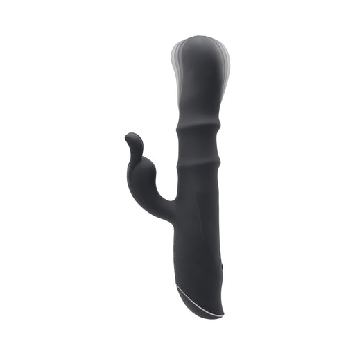 Black silicone rabbit vibrator with textured shaft, flexible clitoral stimulator, and ergonomic handle with control buttons.
