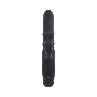 Black silicone rabbit vibrator with dual motors, textured shaft, flexible bunny ears, and three-button control panel.