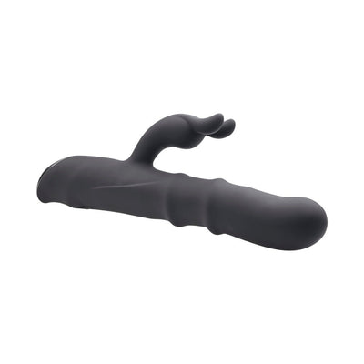 Black silicone Evolved Ringmaster rabbit vibrator with dual motors and textured shaft on white background.