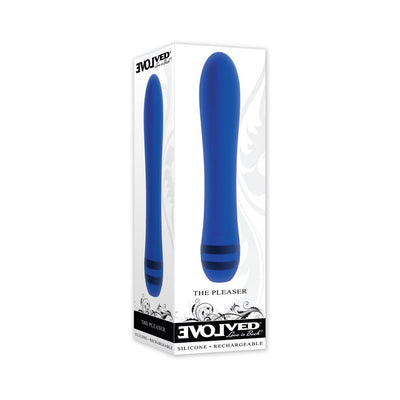 Blue silicone rechargeable vibrator with tapered tip shown on white packaging box with black decorative accents.
