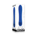 Blue silicone rechargeable vibrator with tapered tip shown on white packaging box with black decorative accents.
