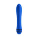Blue silicone rechargeable vibrator with smooth tapered tip and dual black accent rings at the base.