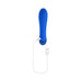 Blue silicone rechargeable vibrator with USB charging cable on white background