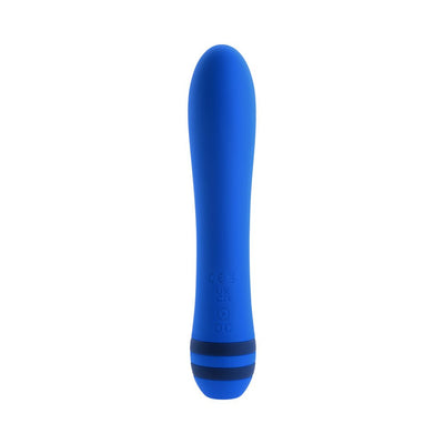 Blue silicone rechargeable vibrator with smooth tapered tip and dual black rings at the base.