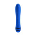 Blue silicone rechargeable vibrator with smooth tapered tip and dual black rings at the base.