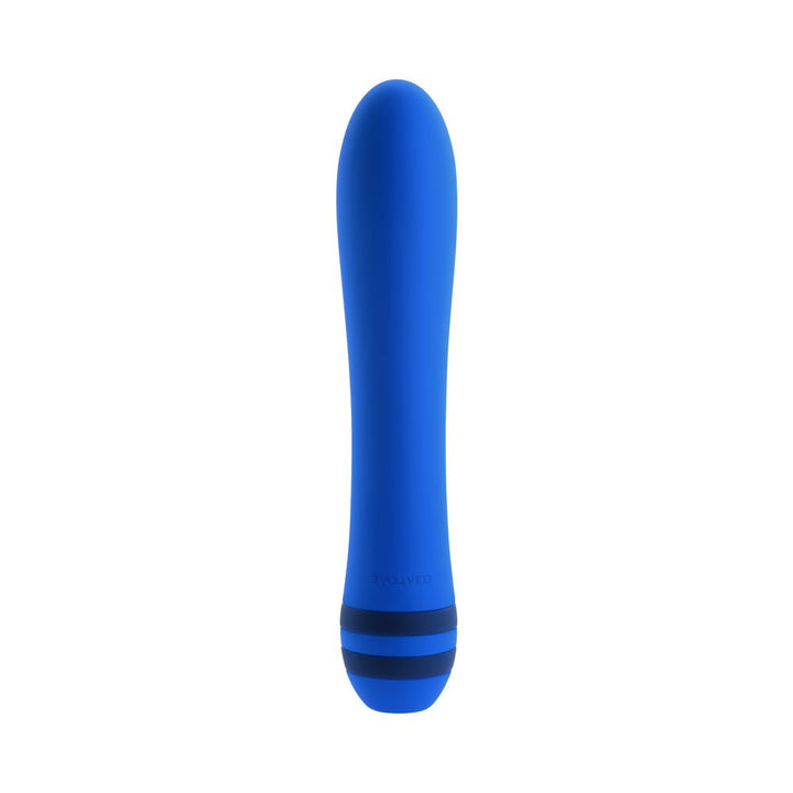 Blue silicone rechargeable vibrator with smooth tapered tip and black accent rings at the base.