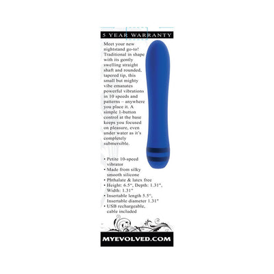 Blue rechargeable vibrator with smooth silicone finish and tapered tip, shown with product details and warranty information.