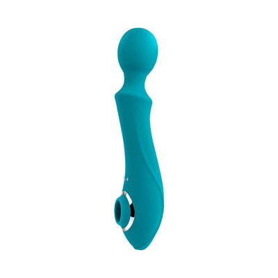 Teal silicone dual-ended wand vibrator with textured round head and suction orifice accented with chrome ring.