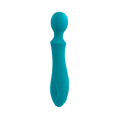 Teal silicone wand vibrator with textured rounded head and three control buttons on the handle against a white background.