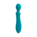 Teal silicone wand vibrator with textured rounded head and three control buttons on the handle against a white background.