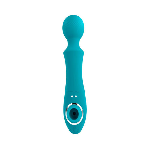 Teal flexible wand vibrator with textured round head and suction orifice, smooth silicone finish with chrome accents.