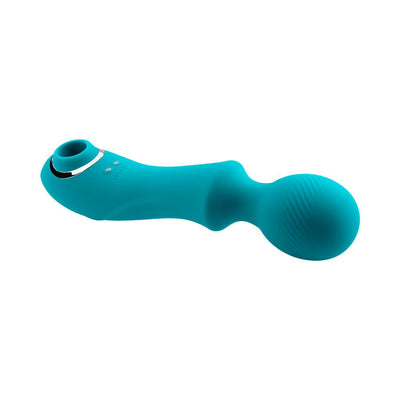 Teal flexible wand vibrator with textured round head and suction orifice on opposite end, featuring smooth silicone finish.