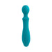 Teal silicone wand vibrator with textured round head and three control buttons on the handle against a white background.