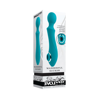 EVOLVED Wanderful Sucker in teal silicone with flexible wand head and suction orifice shown on product packaging.