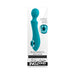 Teal silicone dual-function wand vibrator with textured head and oval suction orifice, shown in product packaging.