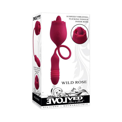 Evolved Wild Rose dual-action red silicone pleasure toy with vibrating flicking tongue and thrusting bullet, shown in packaging.