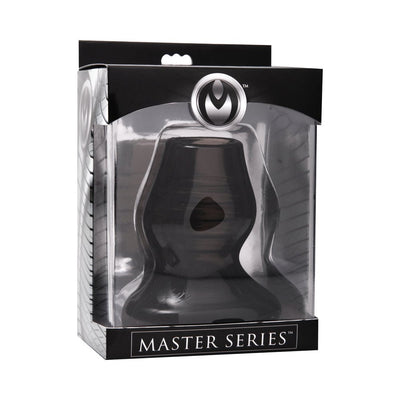 Black tunnel-shaped anal plug in clear display box with Master Series branding