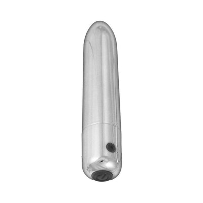Silver rechargeable bullet vibrator with smooth tapered design and power button at the base.