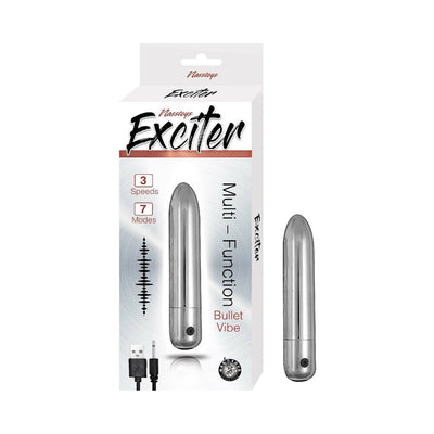 Silver Nasstoys Exciter multi-function bullet vibrator with USB charging cable and packaging showing 3 speeds and 7 modes.