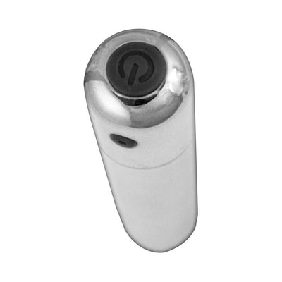 Silver Nasstoys Exciter multi-function bullet vibrator with power button on top, sleek and compact design.