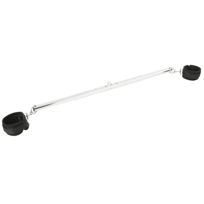 Silver aluminum adjustable spreader bar with black padded cuffs attached at each end on white background